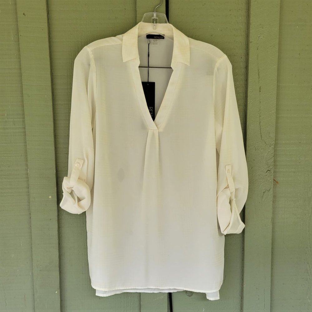 NWT RENUAR Canada Ivory Plaid Half Button Top XS Adjustable Sleeves